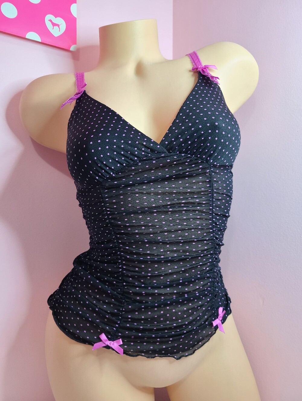 VTG VS Sexy Little Things Sheer Polka Dot Ruffle Mesh Corset Tank Size M